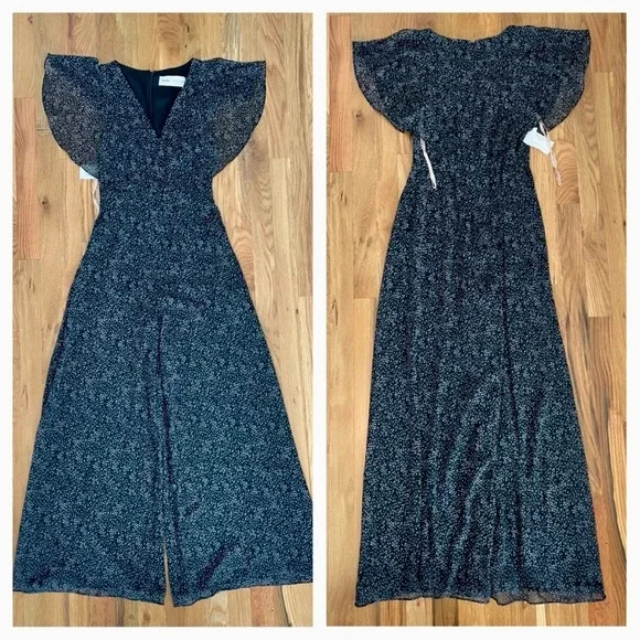 NWT Fame and Partners Black Floral V-Neck Wide Leg Jumpsuit Size 2 - Picture 2 of 6